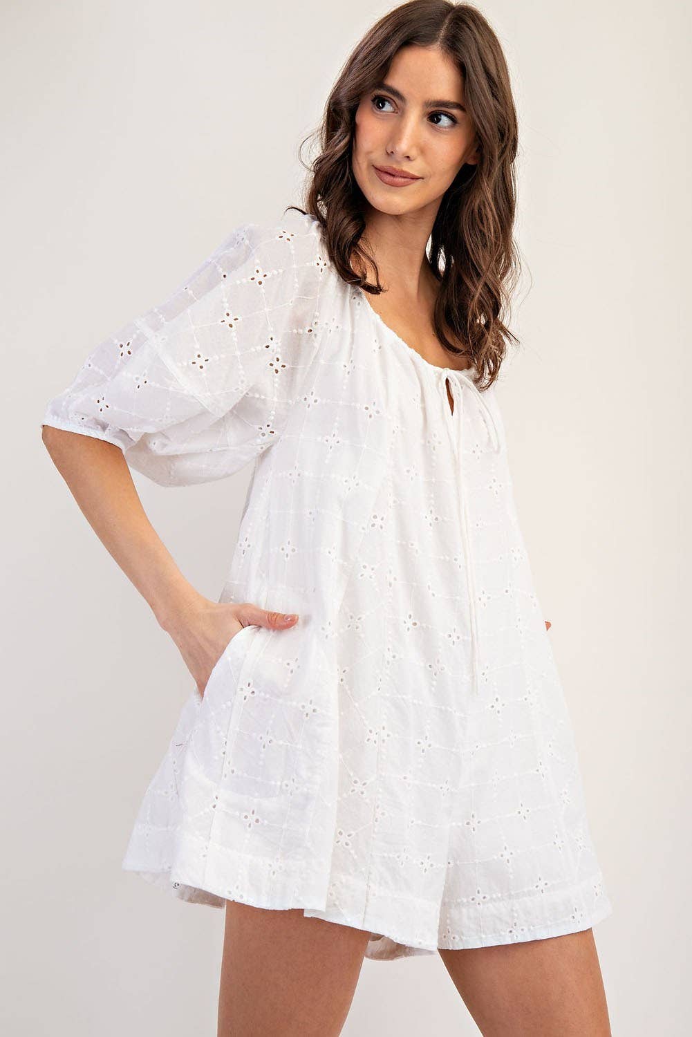 PL6371 - EYELET PUFF SLEEVE ROMPER: MUSTARD