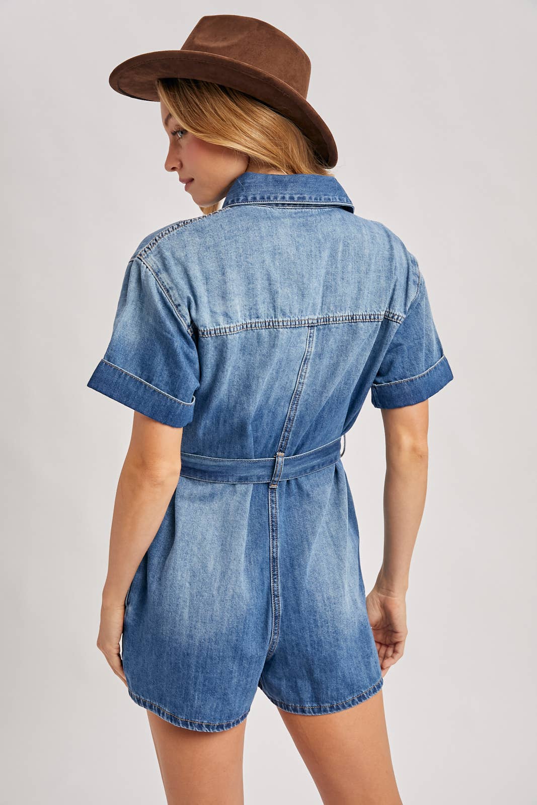 Bluivy - DENIM BELTED BUTTON DOWN SHIRT ROMPER