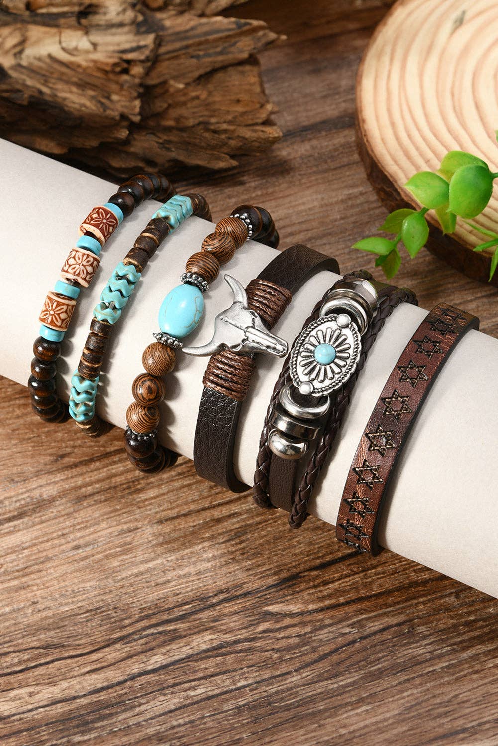Lovesoft - Chestnut 6 Piece Western Bull Skull Turquoise Beading Bracelet