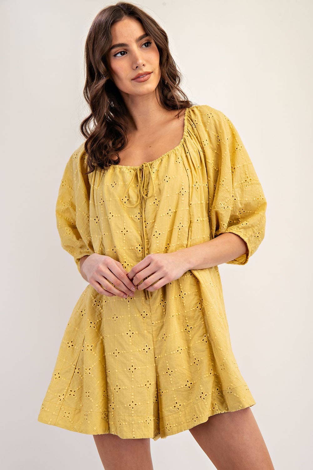 PL6371 - EYELET PUFF SLEEVE ROMPER: MUSTARD