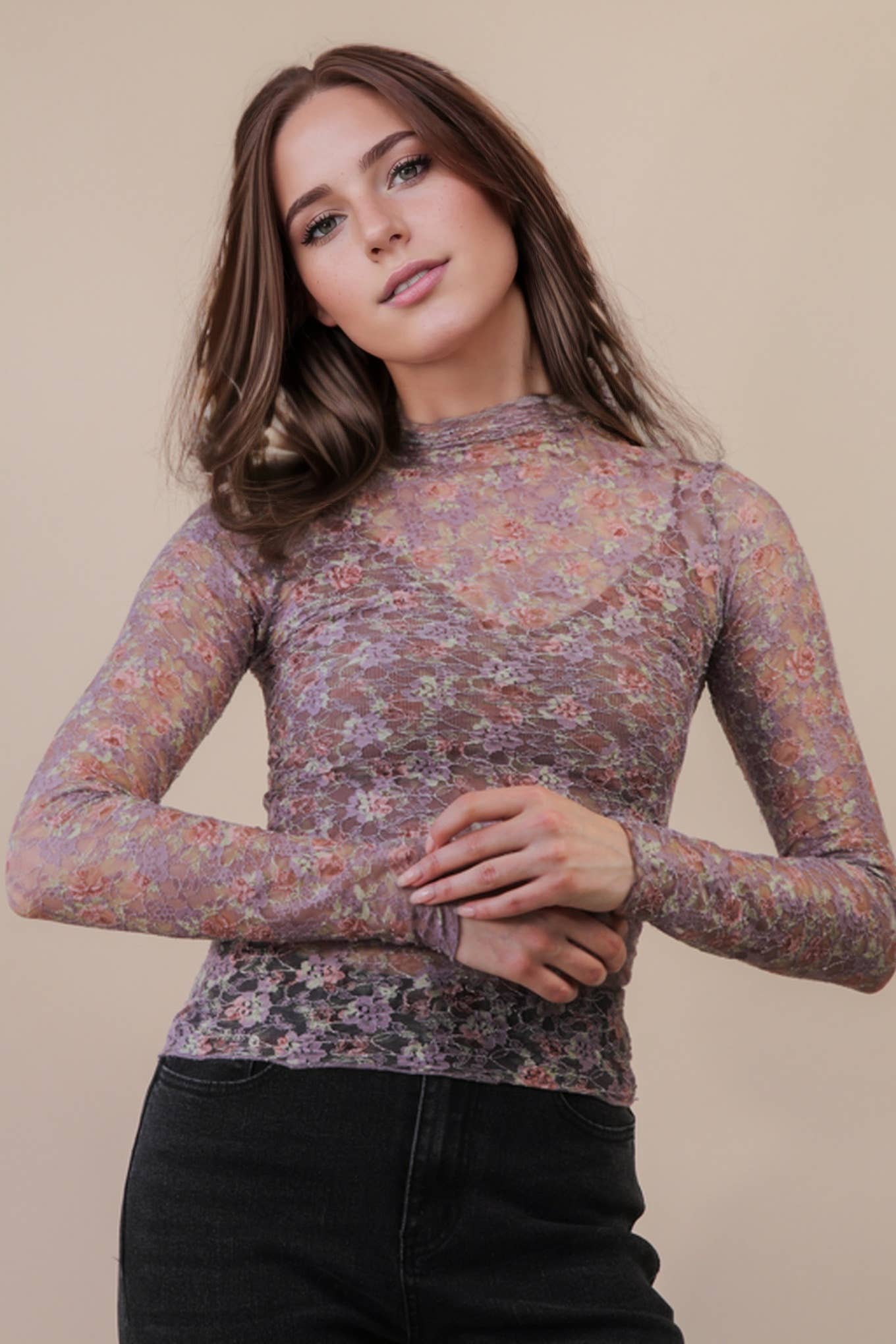 VERY J - NT12220-High Neck Fitted Sheer Mesh Lace Knit Top