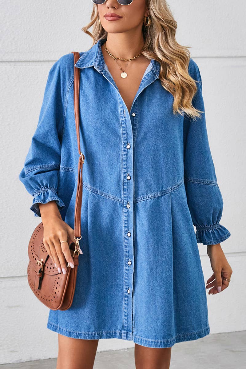 Lily Clothing - Loose wash long sleeve denim single breasted short dress
