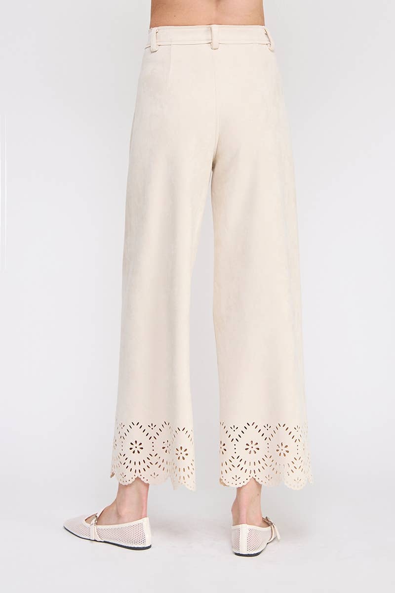 Camel Suede Wide Leg Scallop Pants