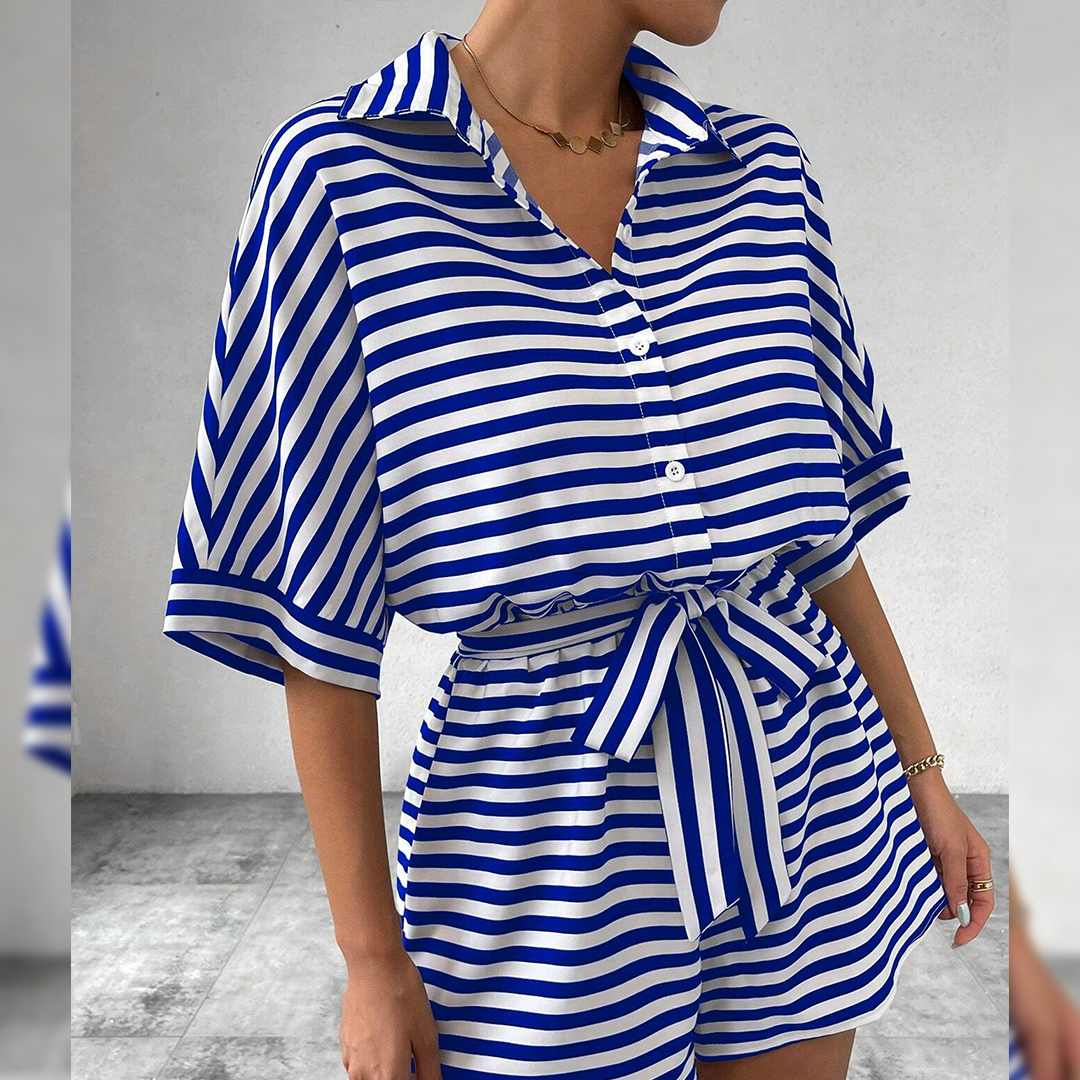 Summer Striped Lapel Button-Up Belted Shorts Romper AXR129: Red / L