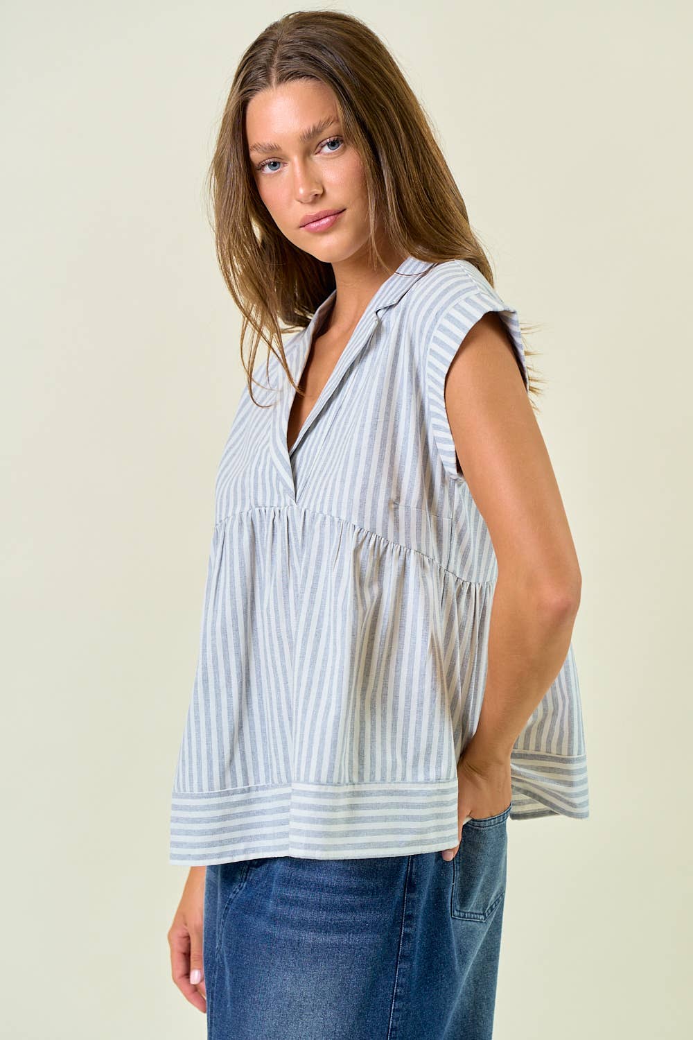 Striped Notch Collar Neck Rolled-up Cap Sleeve Top