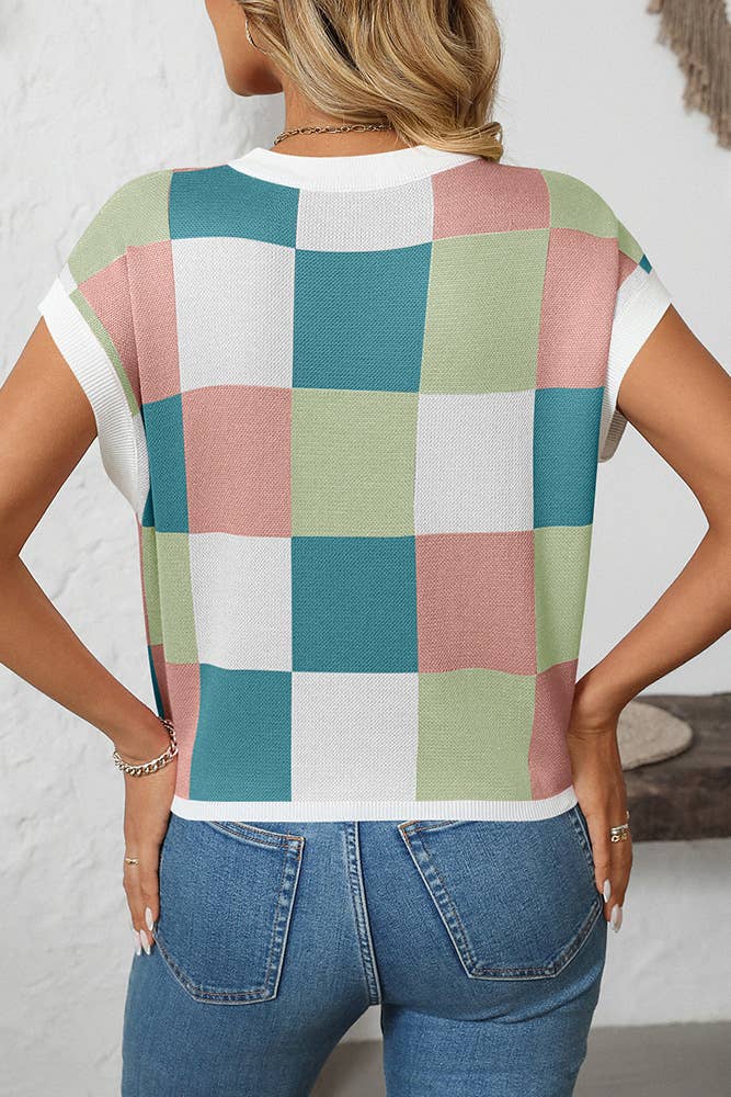 UNISHE - Cropped Color Block Crewneck Knit Checkerboard Sweater MD167