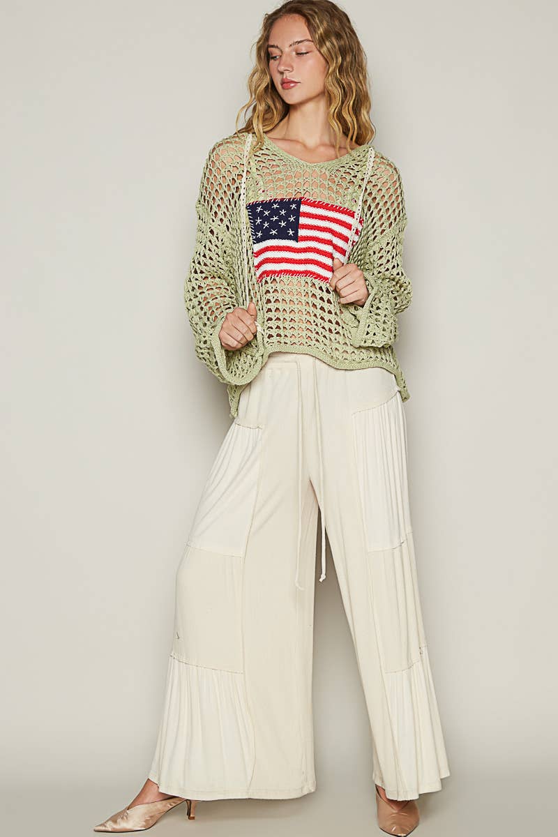 Long sleeve American flag hoodie thin sweater top SALE: Beige