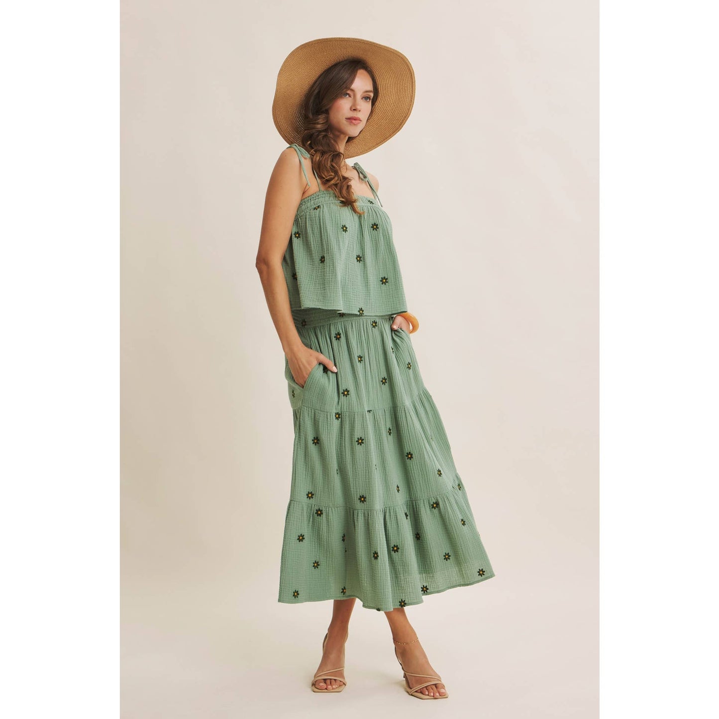 in february - SUNSET FIELD EMBROIDERED COTTON GAUZE SMOCKED MIDI SKIRTS