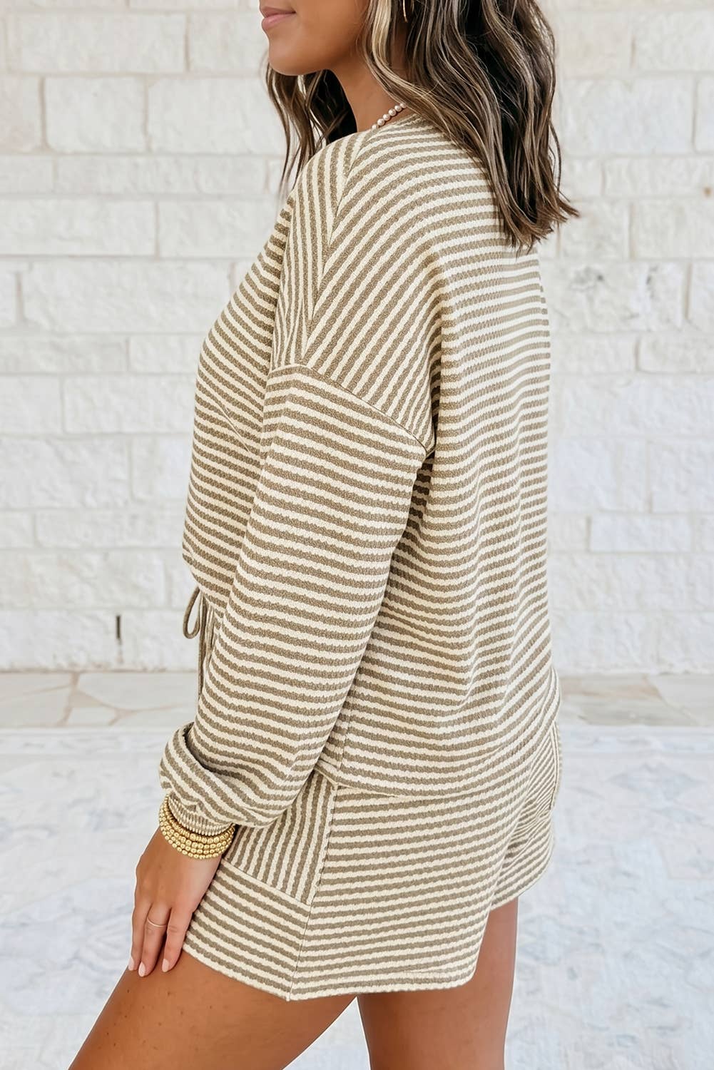 1 the Woman - Striped Textured Knit Top and Short 2pc Sets