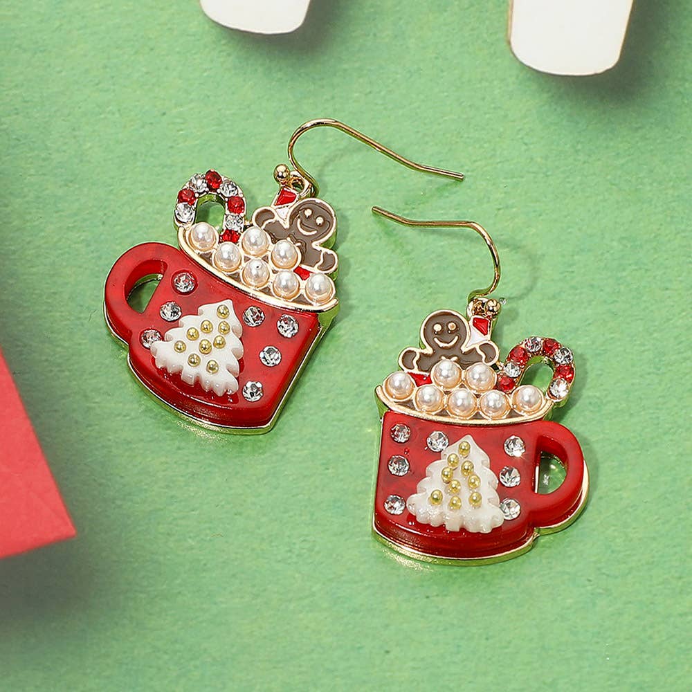 Sensibling Corp. - Gingerbread Man Pearl Bubble Holiday Cocoa Mug Dangle Earrings