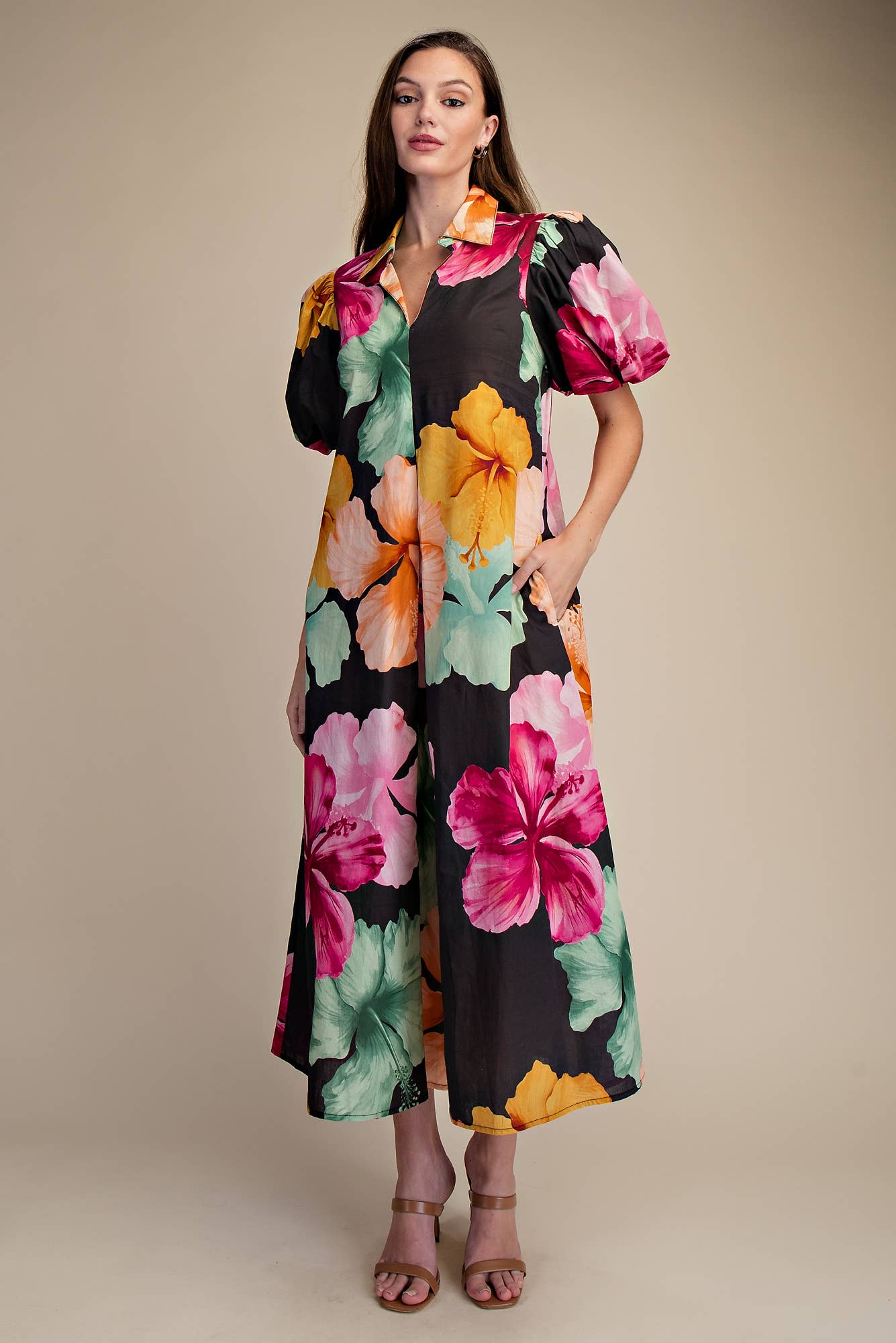 Glam - Collar V-Neck Pleated Midi Dress