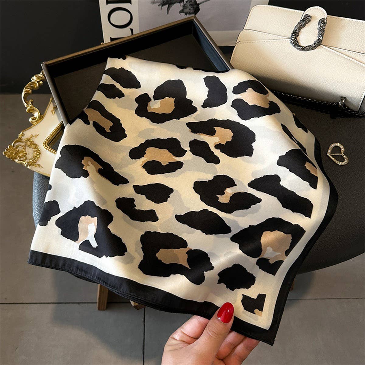 ACCITY - Leopard Print Satin Square Scarf, Hair Wrap_CWASC1425