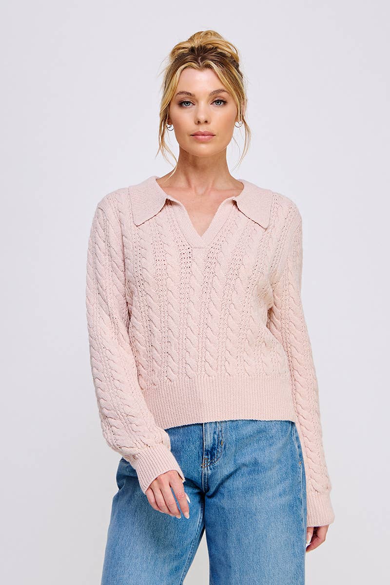 Grey Cable Knit Johnny Collar Pullover