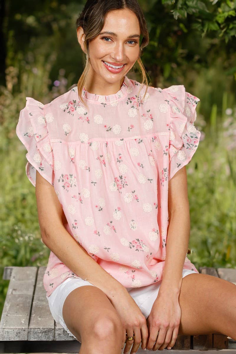Vine & Love - Floral Embroidered Ruffle Detail Organza Blouse Top VT82257