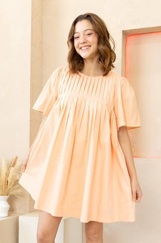 JOD1142 Pleated Front Mini Dress with Wide Sleeves