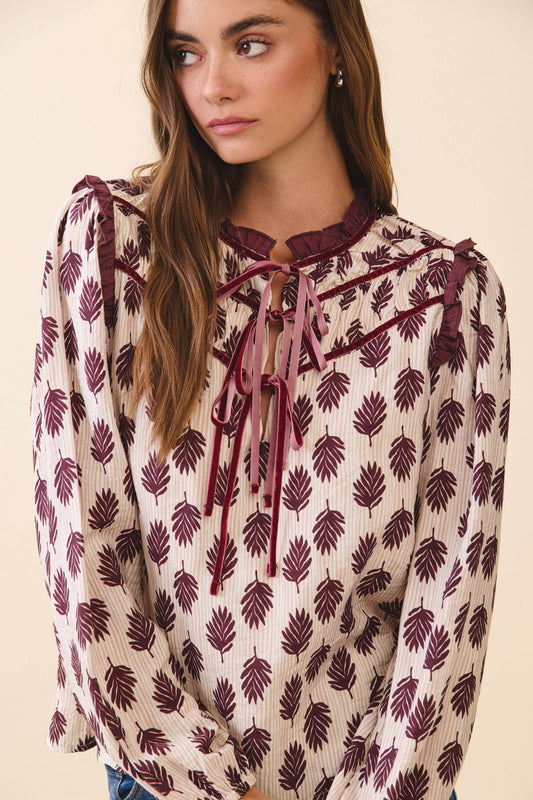 TCEC - CT9675-Leaf Print Ruffled Collar Front Tie Detail Blouse