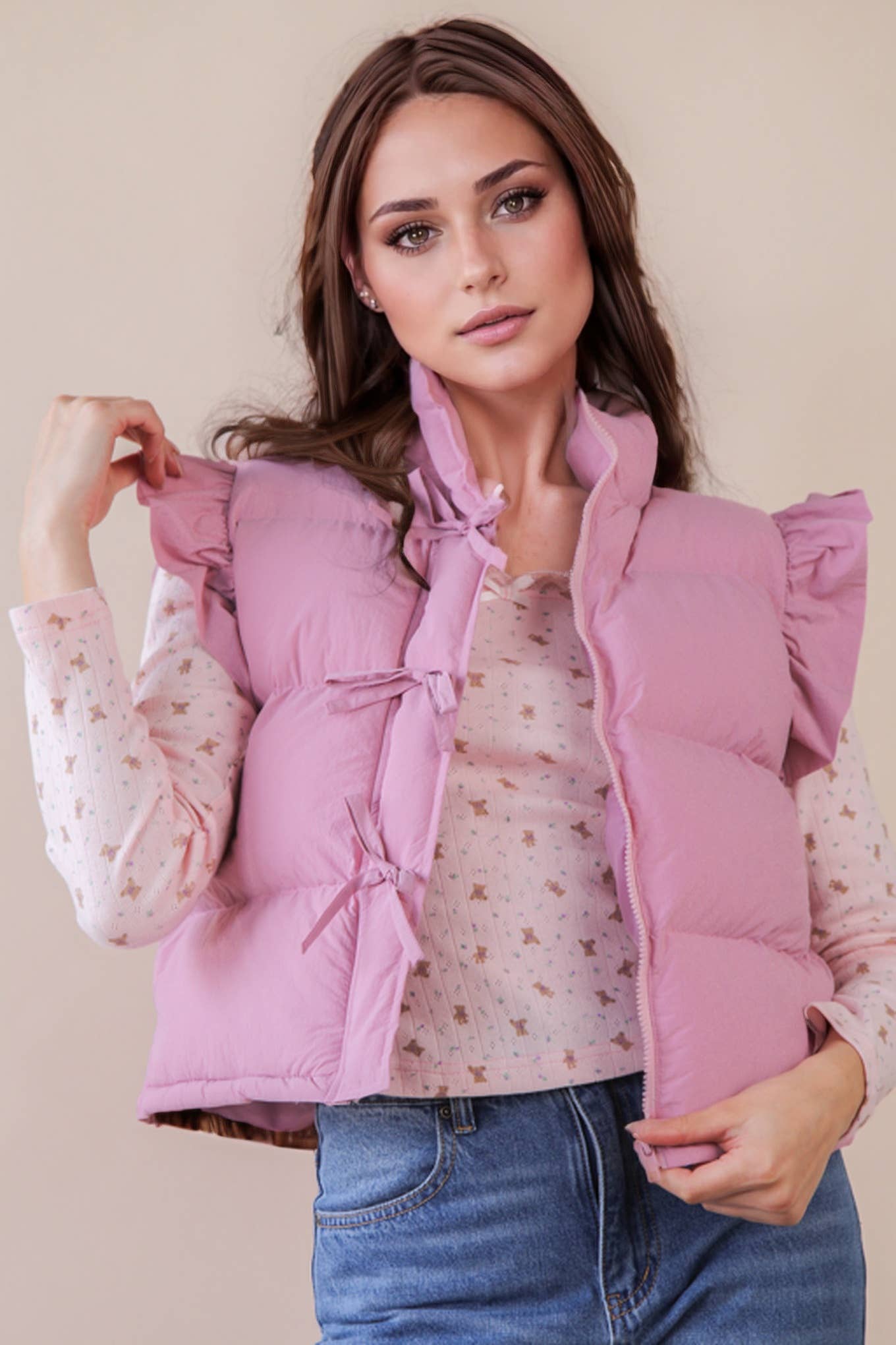 VERY J - NJ90385-Front Bow Ruffle Sleeve Puffer Vest