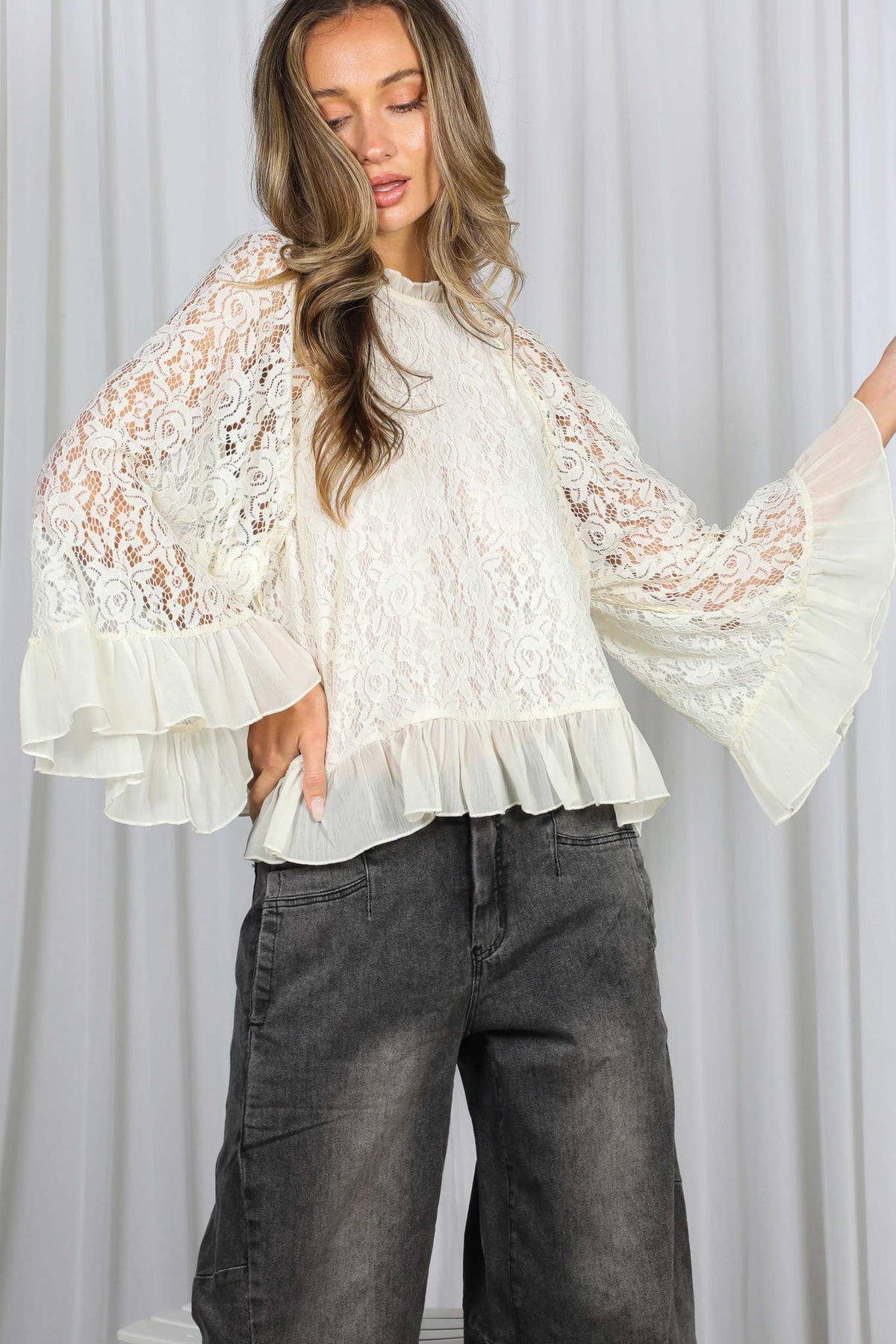 Vine & Love - Ruffle Neck & Hem Bell Sleeve Loose Lace Blouse Top VT83170