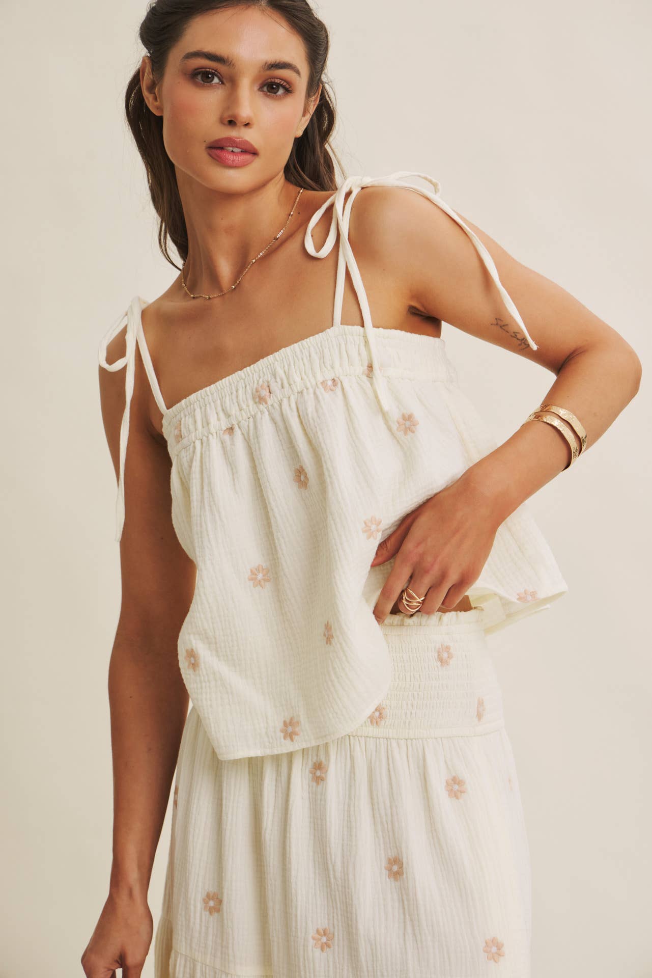 in february - SUNSET FIELD EMBROIDERED COTTON GAUZE TANK WITH TIE STRAPS