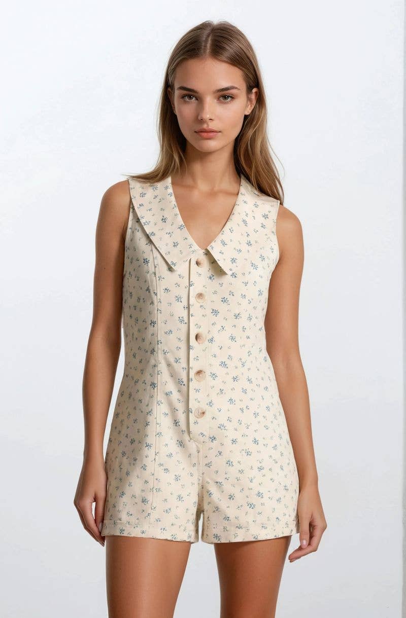 Chambray Floral Button-Front Sleeveless Romper