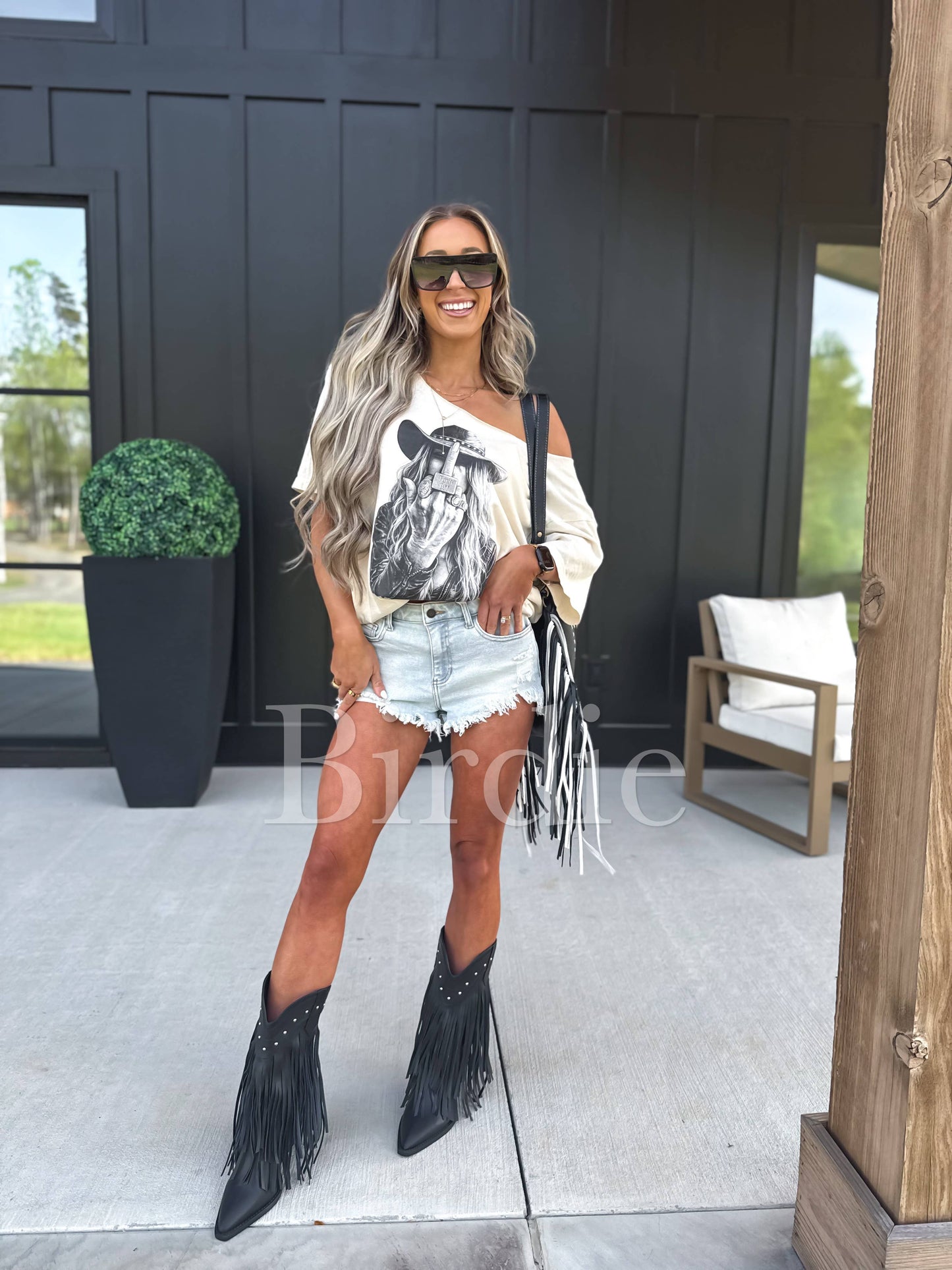 birdie - Western Cowgirl OFF SHOULDER Graphic Tee on Ivory