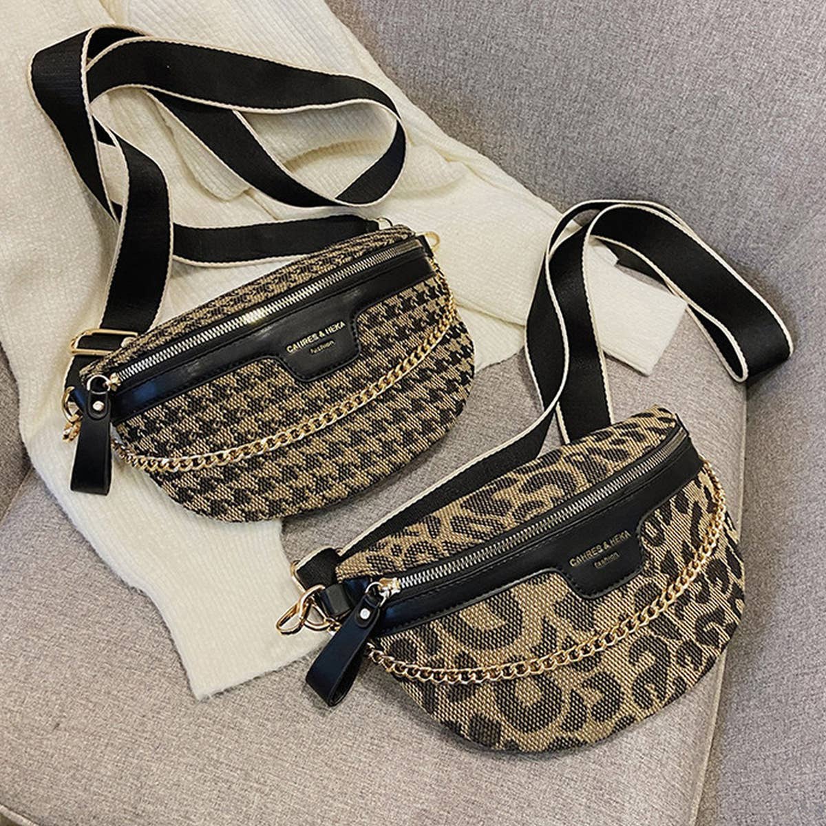 ACCITY - LEOPARD PRINT BLACK CHAIN STRAP FANNY BELT BAG_CWAB0923