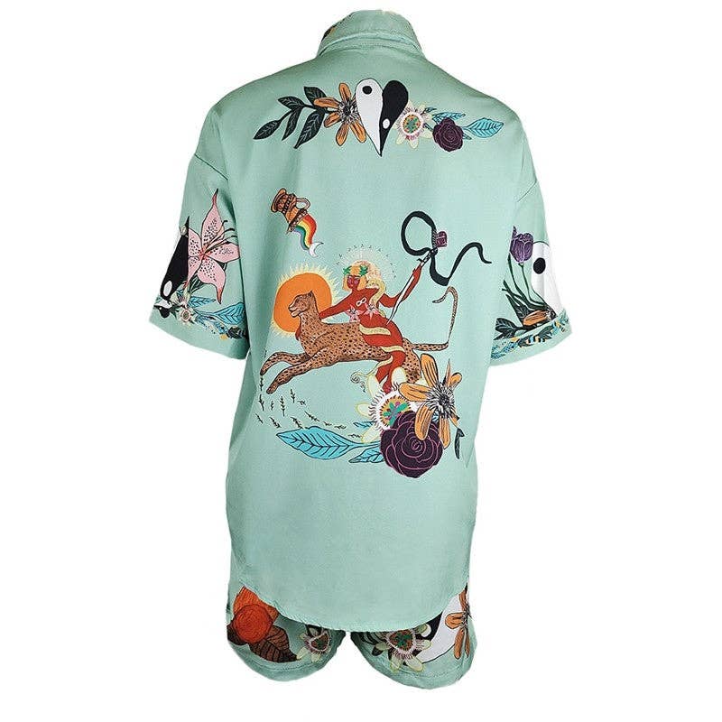 Relaxed Fit Printed Short Sleeve Shirt And Shorts Set: GREEN / XL