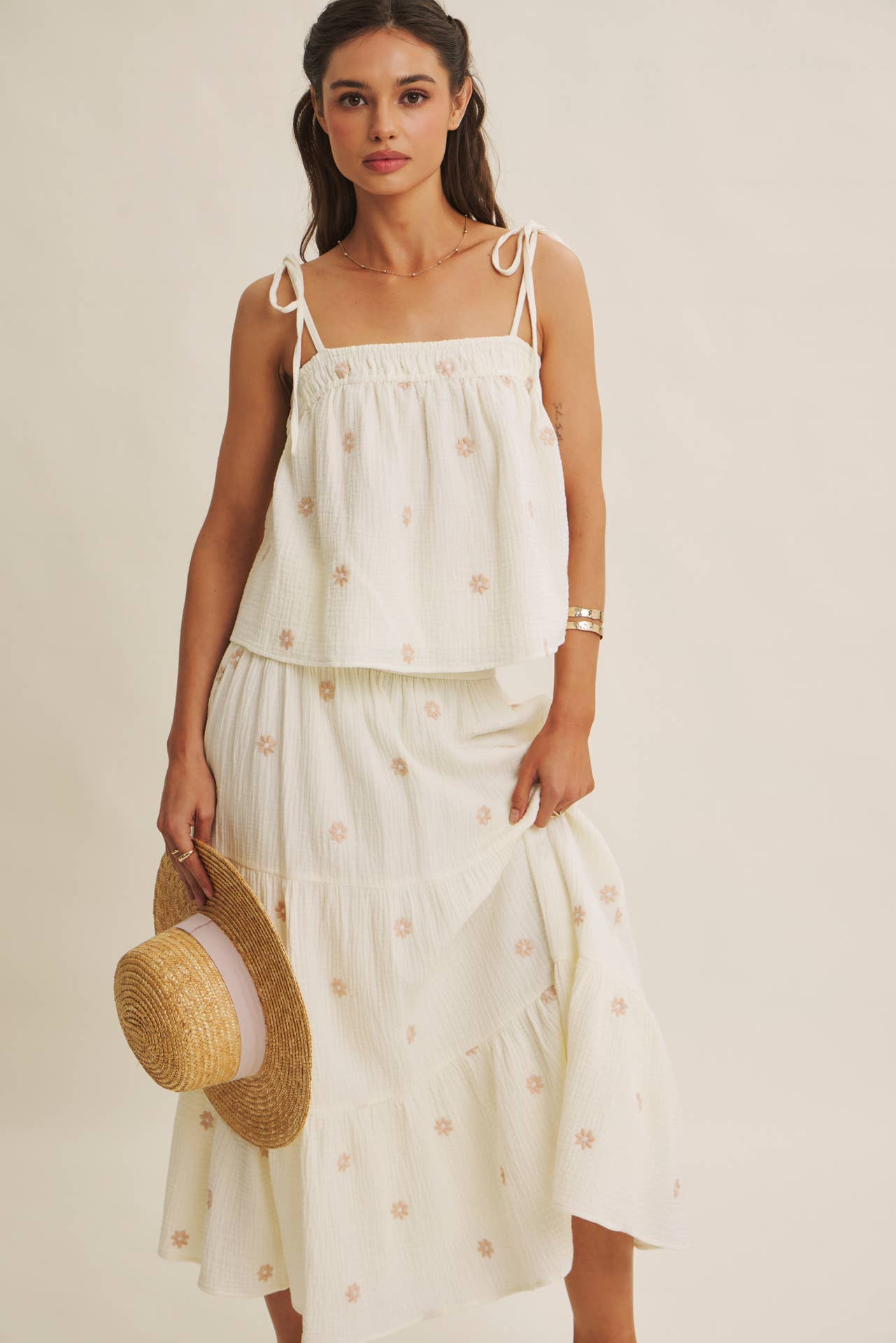 in february - SUNSET FIELD EMBROIDERED COTTON GAUZE TANK WITH TIE STRAPS