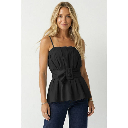 Black Buckle Pleated Sleeveless Top