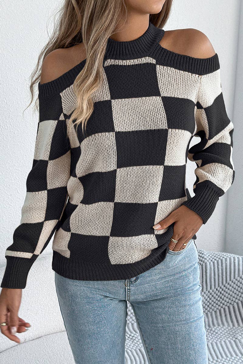 Mccolin - Chic Cutout Checkerboard Sweater