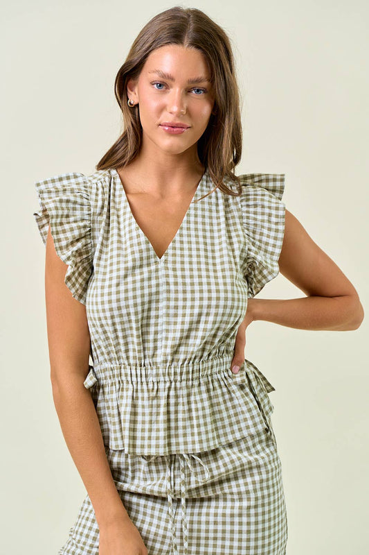 GINGHAM RUFFLE PEPLUM TOP W/ SIDE TIE
