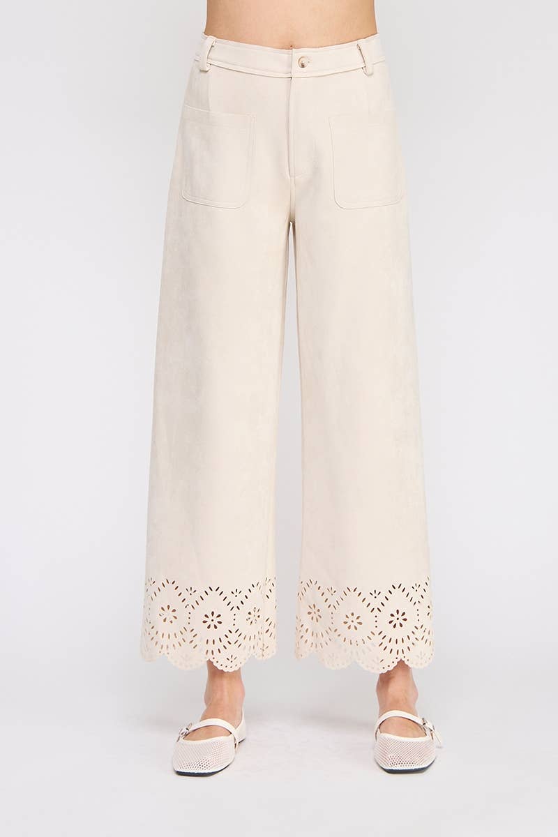 Camel Suede Wide Leg Scallop Pants
