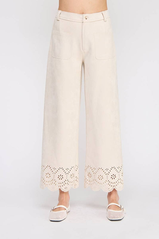 Camel Suede Wide Leg Scallop Pants
