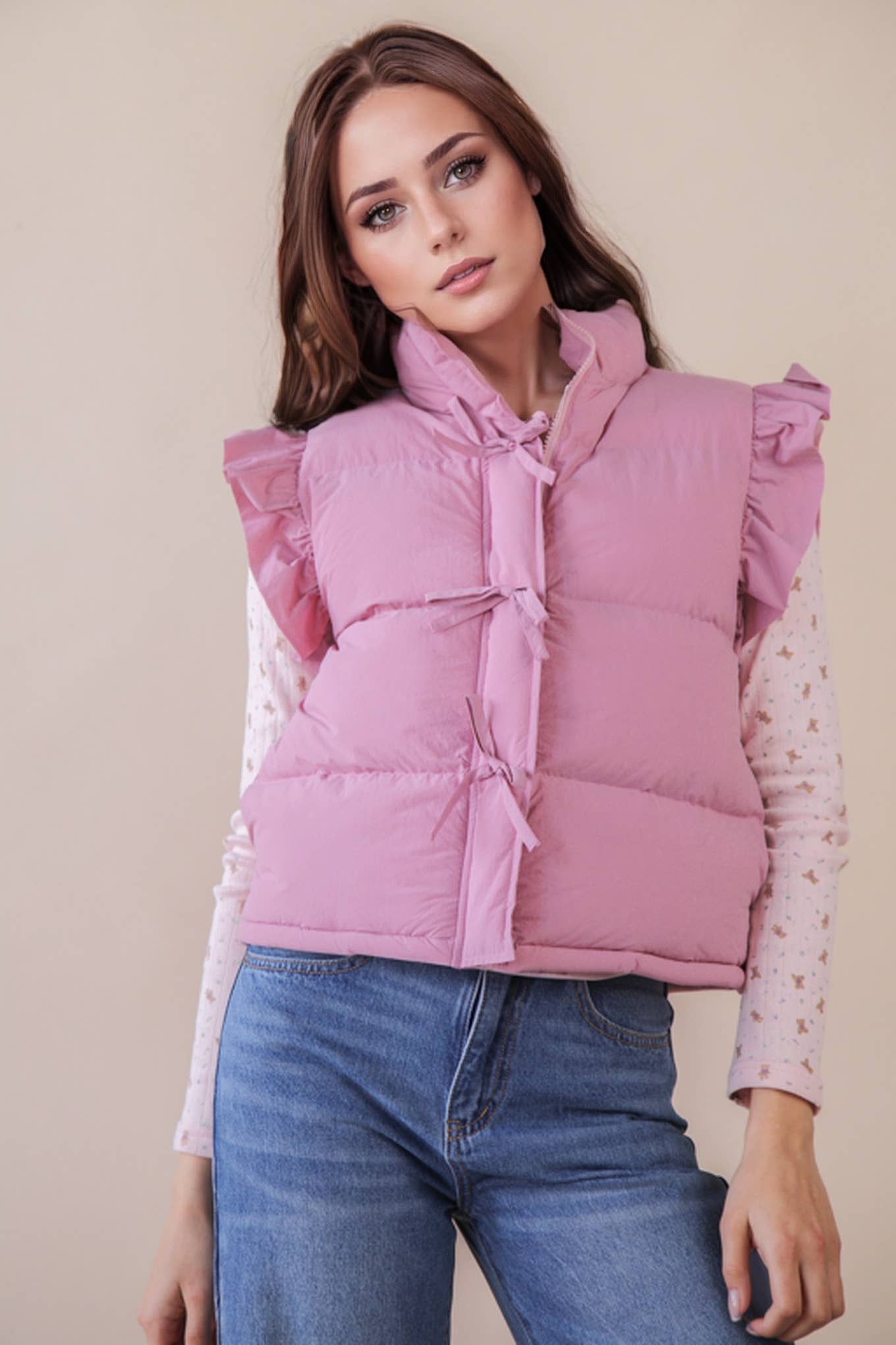 VERY J - NJ90385-Front Bow Ruffle Sleeve Puffer Vest