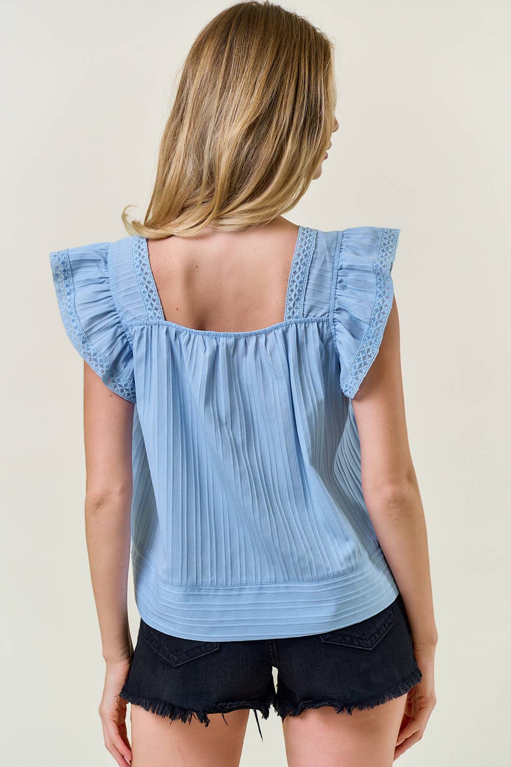 SQUARE NECK RUFFLE CAP SLEEVE LACE TRIM DETAIL TOP