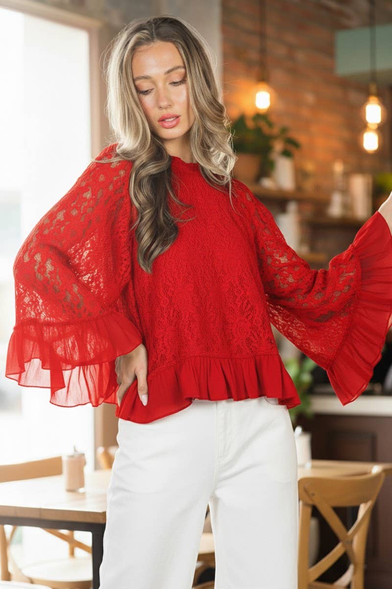 Vine & Love - Ruffle Neck & Hem Bell Sleeve Loose Lace Blouse Top VT83170