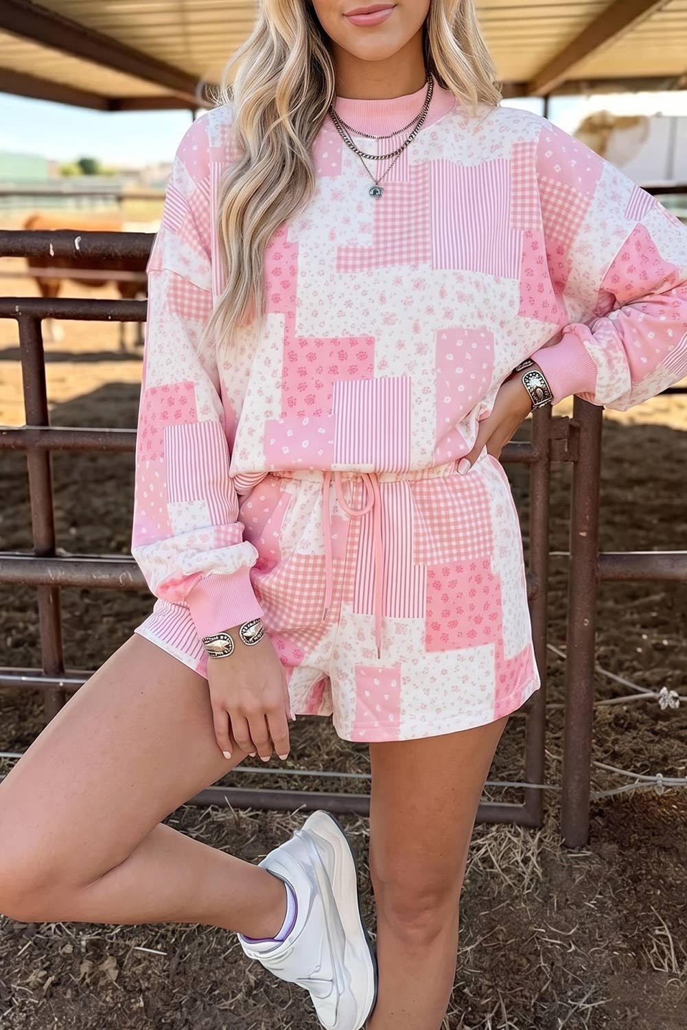 fashionworks - Full Size Floral Long Sleeve Baggy Pullover 2pcs Shorts Set