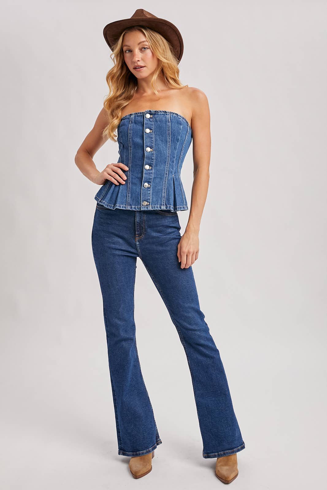 Bluivy - DENIM BUTTON DOWN PEPLUM HEM CORSET TOP