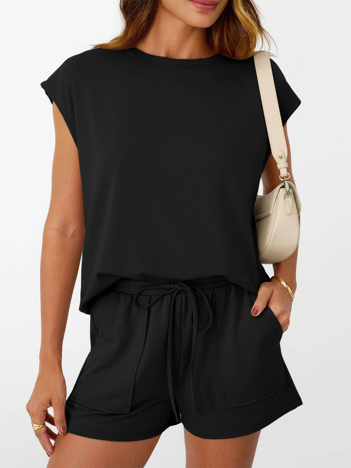 Suhkasana - Casual Lounge Set Cap Sleeve Top Drawstring Shorts