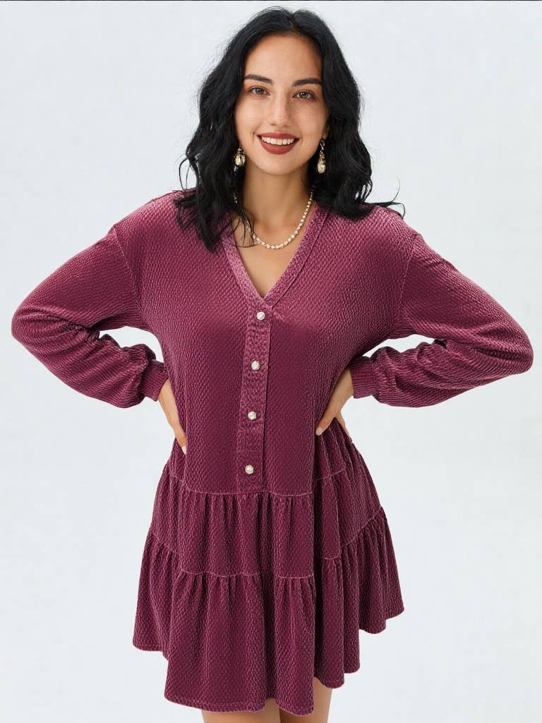 VERY J - ND31003-Tiered Textured Woven Holiday Velvet Mini Dress