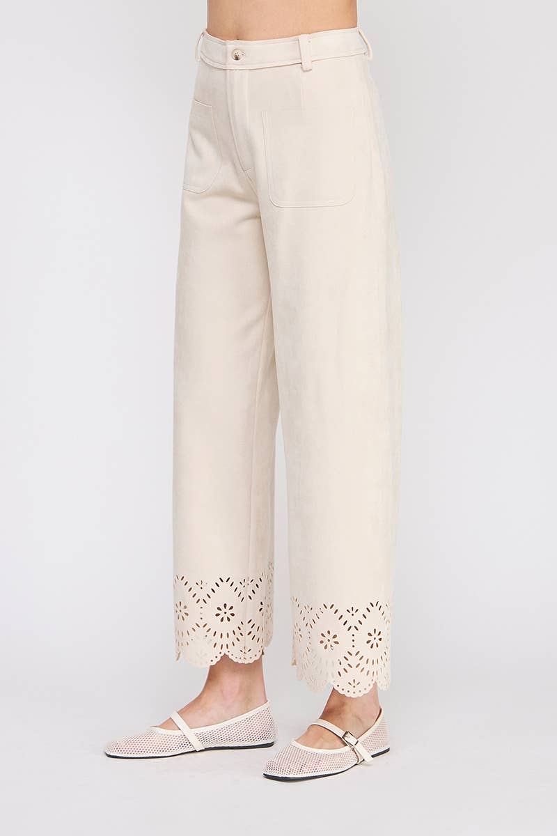 Camel Suede Wide Leg Scallop Pants