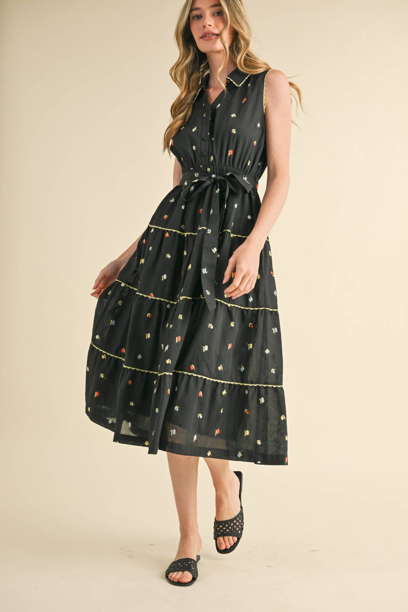 &MERCI - BUTTON DOWN EMBROIDERED MIDI DRESS MDR3592: Black Multi / M