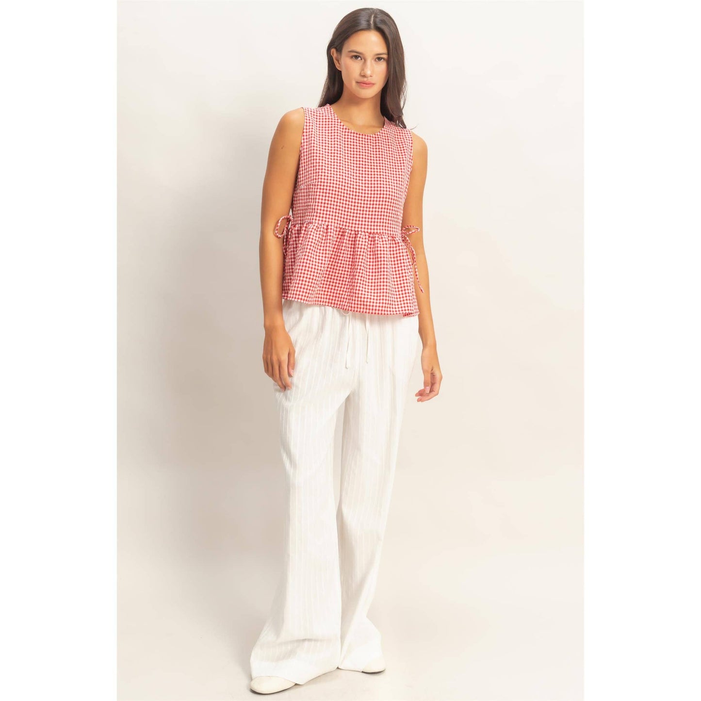 HYFVE - Gingham Sleeveless Peplum Top With Side Ties
