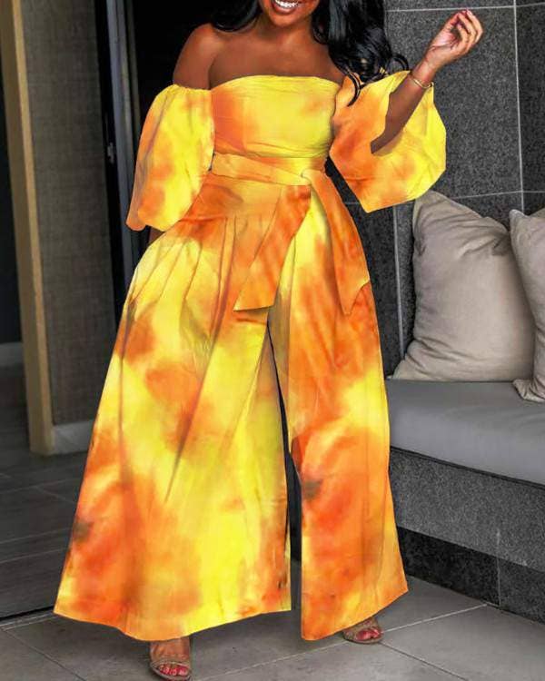 Queen Fashion - Off shoulder lantern sleeve wide leg jumpsuit