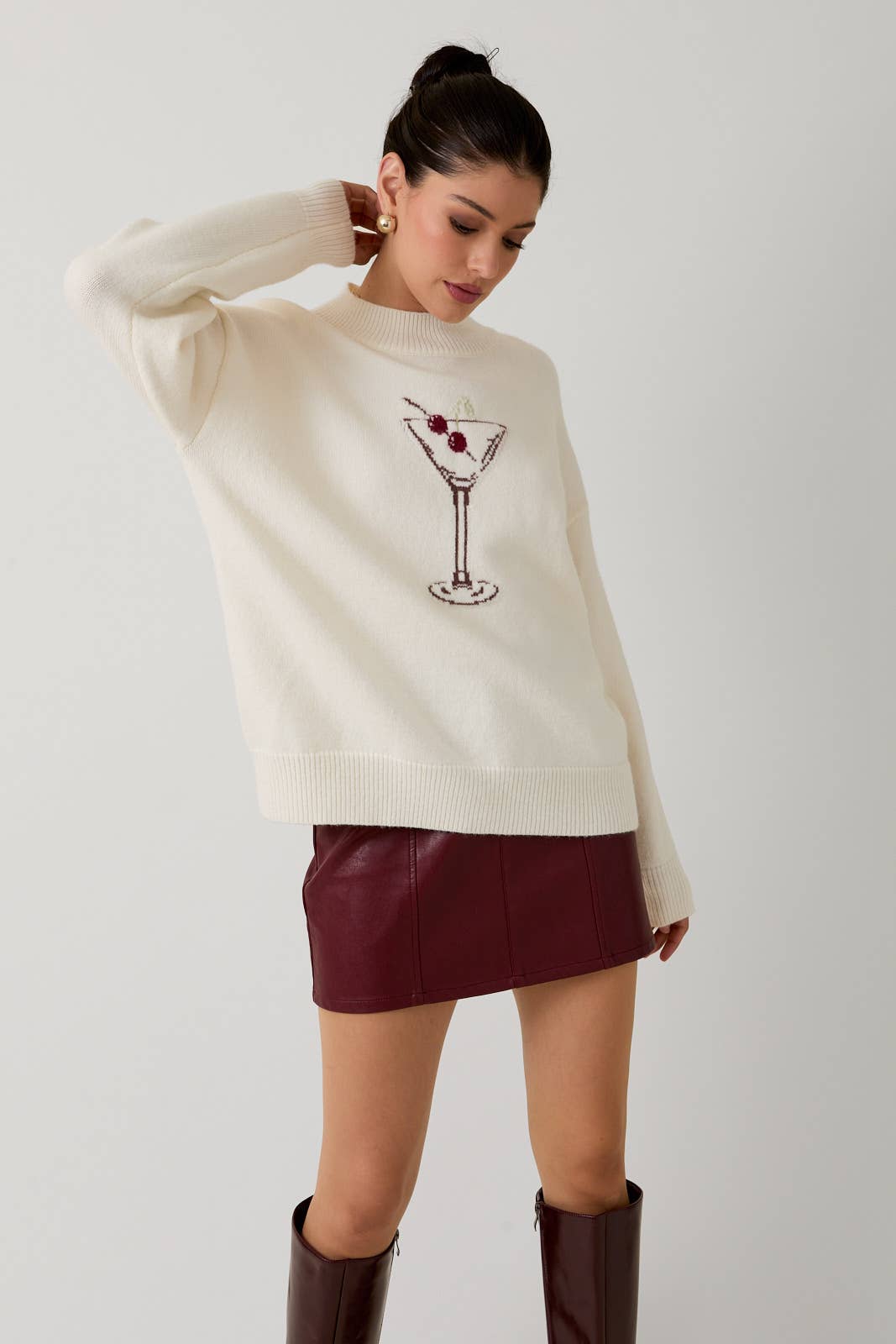 Sunday Edition by LE LIS - MOCK NECK LONG SLEEVE "CHERRY MARTINI" GRAPHIC SWEATER