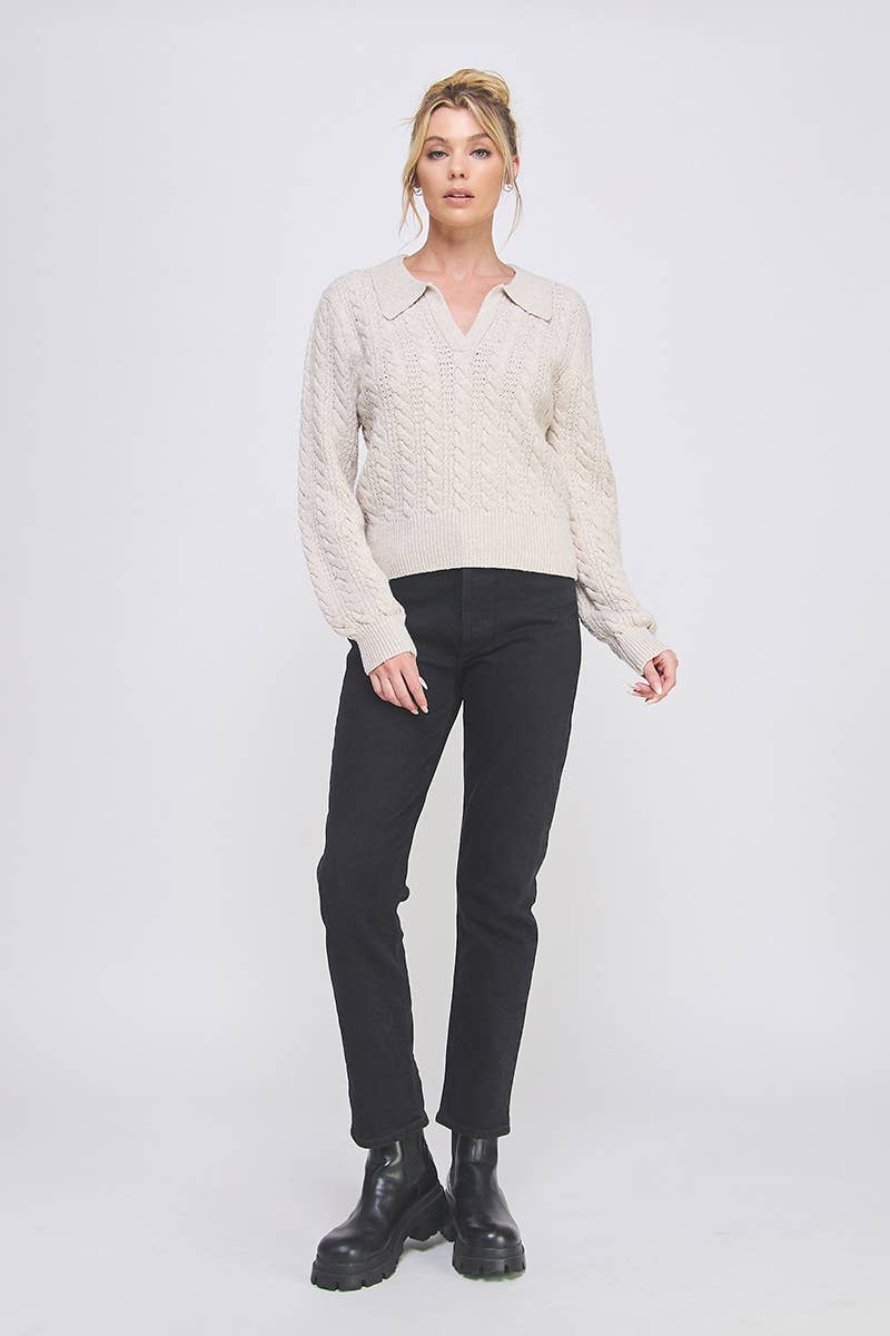 Grey Cable Knit Johnny Collar Pullover