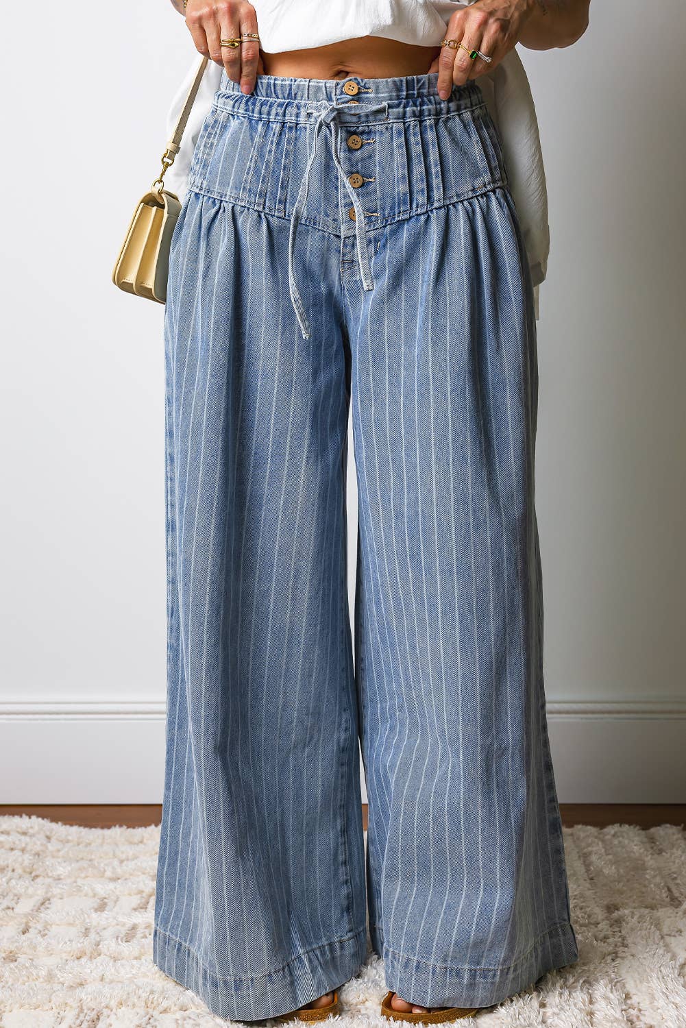 66DISCO - Button Pleated Drawstring Waist Casual Wide Leg Jeans