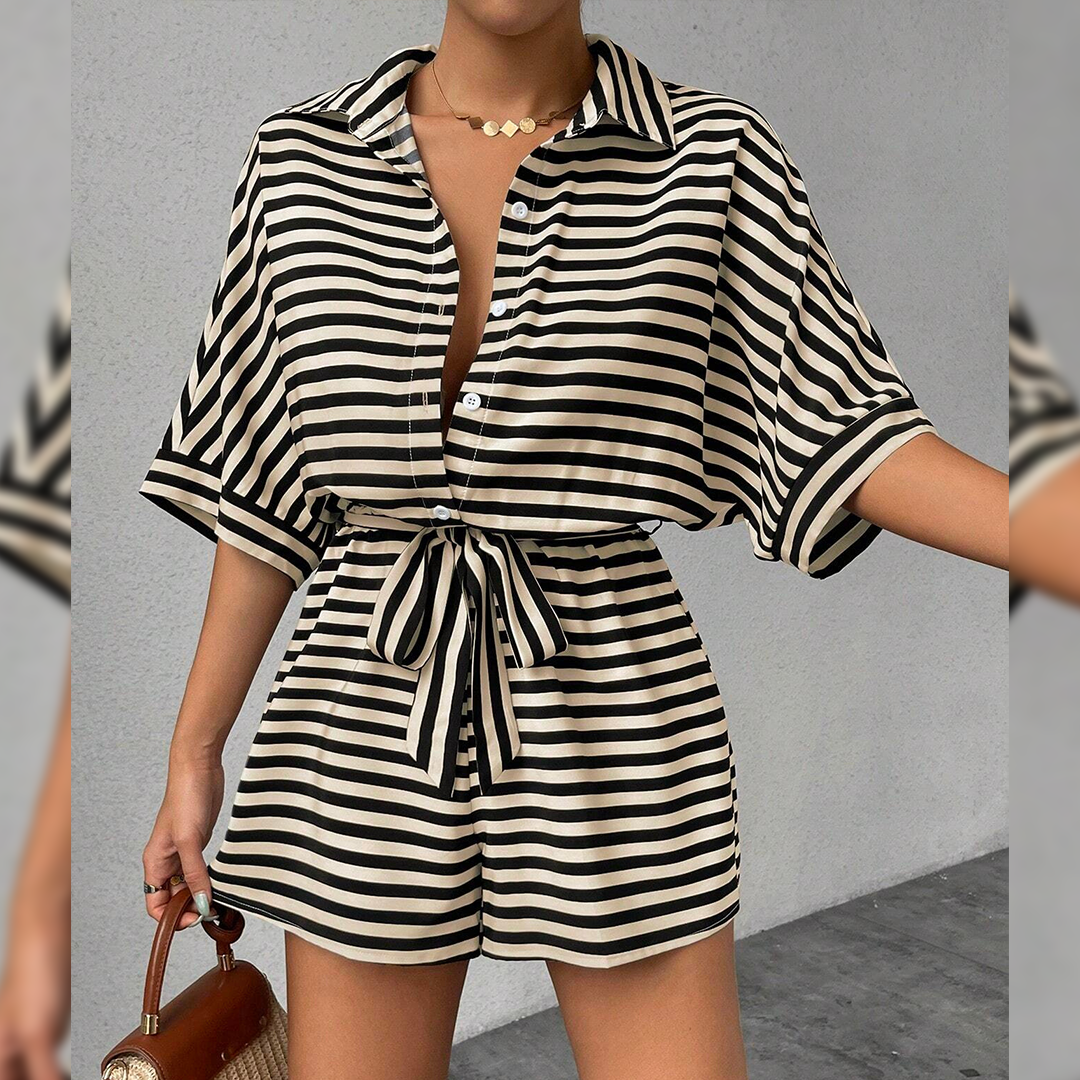 Summer Striped Lapel Button-Up Belted Shorts Romper AXR129: Red / L
