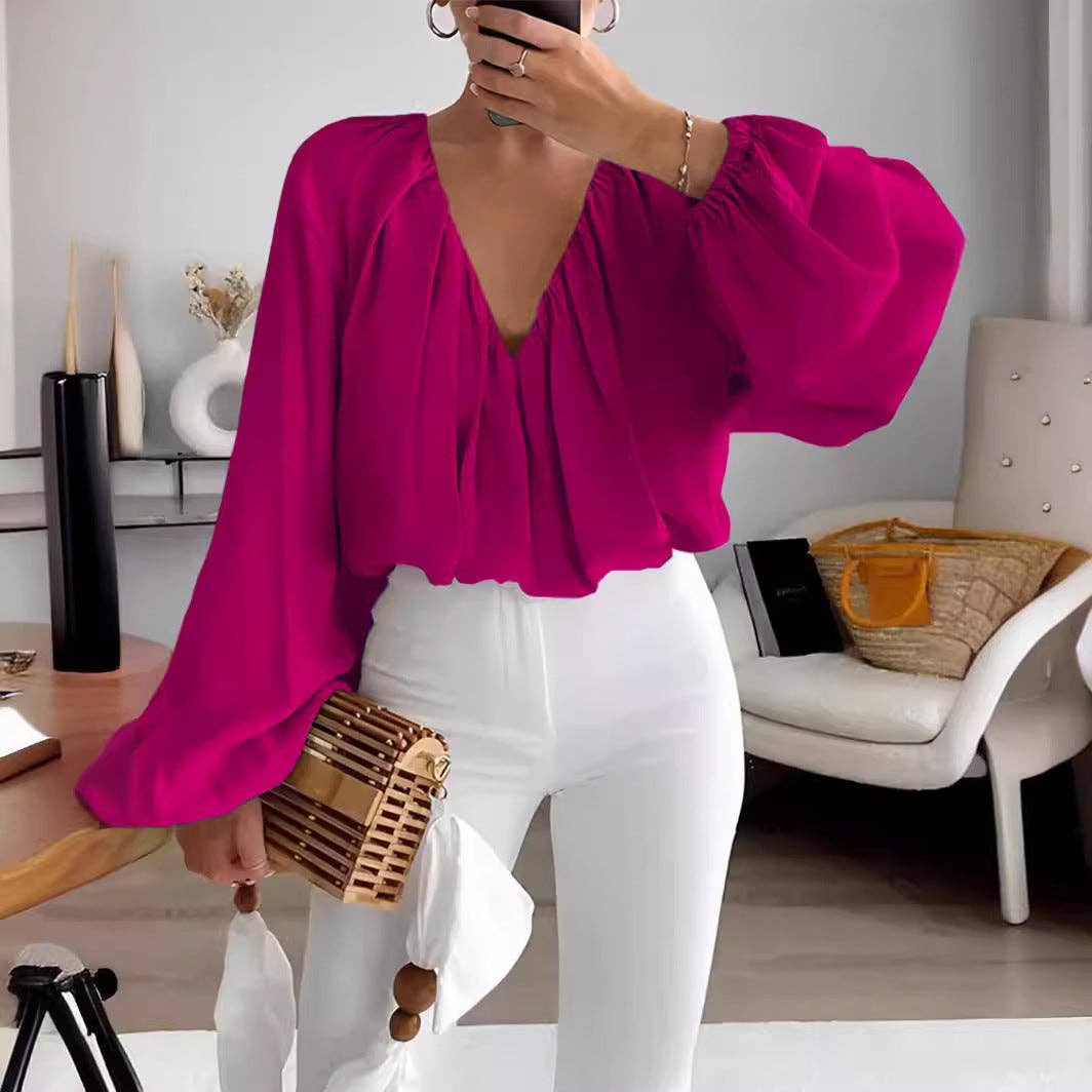 Printed V-Neck Long Sleeve Shirt Elegant Women's Loose Solid: Yellow / XL