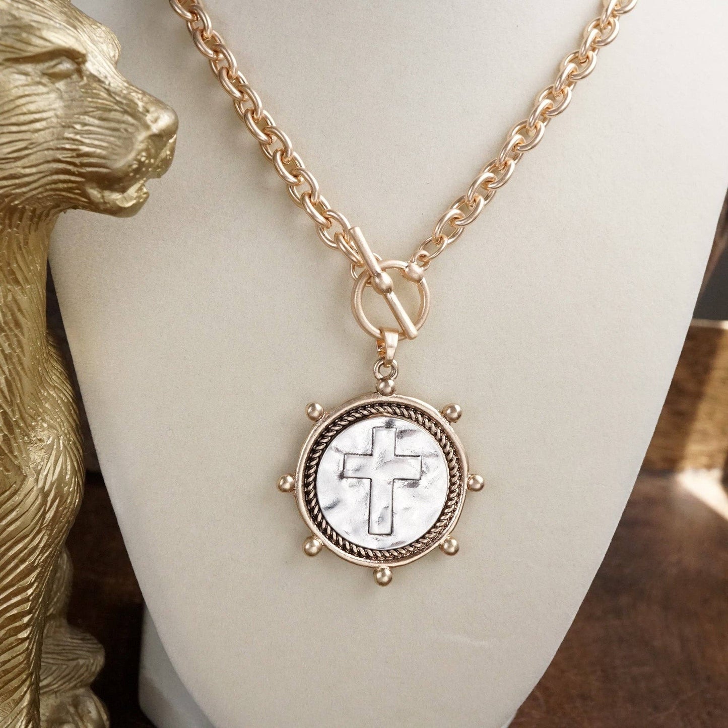 PennyLine inc - Cross Coin Chain Necklace with Front Toggle Closure – Silver or Gold Tone
